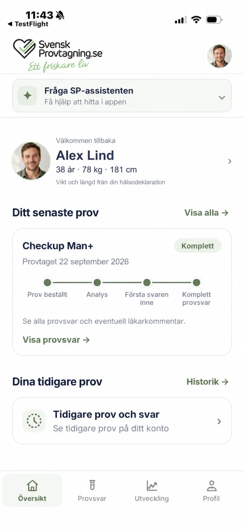 Appens översikt med Checkup Man+ som senaste prov
