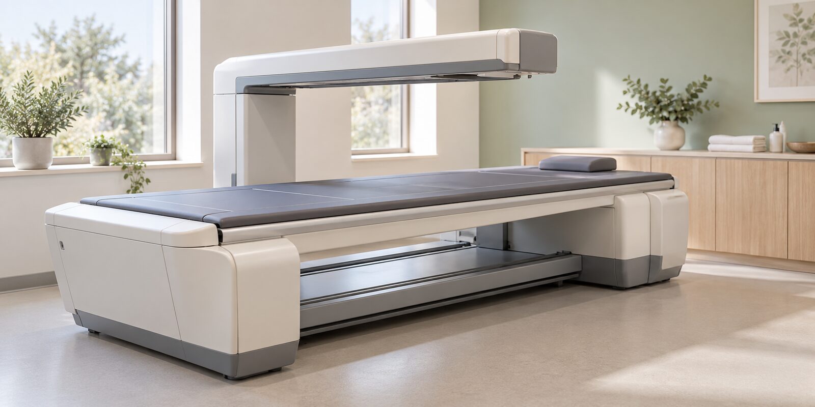 DEXA-utrustning med plant undersökningsbord i ett ljust undersökningsrum